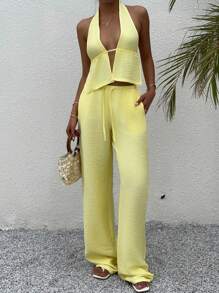 Sunnyshic Set da 2 pezzi: Crop top in lino giallo con scollo a V profondo e schienale aperto e pantaloni larghi a vita bassa con laccetti, casual, sexy ed elegante, outfit da spiaggia e vacanza estiva per donne
