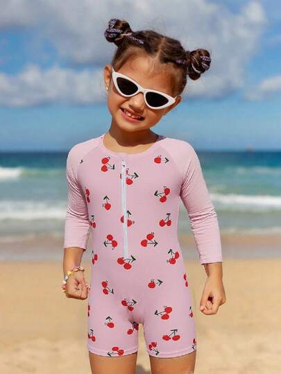 1 件女童甜美可爱随机印花粉色舒适时尚连体泳衣