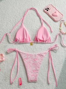 Swim Mod 2 Pieces Set Summer Vacation Pink Floral Textured Halter Tie Side Bikini Set Swimwear - Pink - View 2