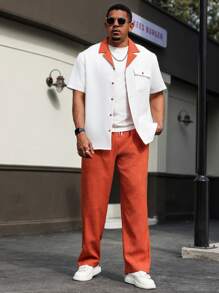 Manfinity Homme Plus Size Men Contrast Collar Short Sleeve Shirt And Pants Set - Multicolor - View 6