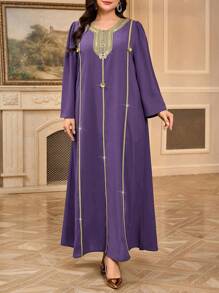 Al Najma 加大码女式撞色蕾丝 V 领灯笼袖优雅阿拉伯连衣裙，端庄的长袍