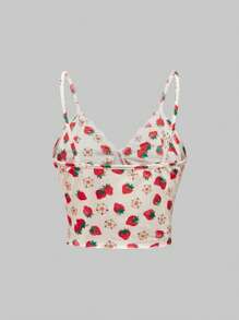 Strawberry Shortcake | ROMWE 女士草莓印花撞色蕾丝吊带背心 - 杏色 - 查看 2