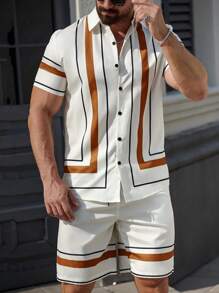 Manfinity Homme Men's Casual Front Button Short Sleeve Top And Shorts 2 Pieces Set