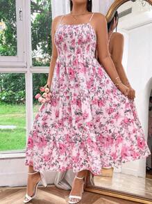 Flirla Plus Size Floral Print Cami Dress With Ruffled Hem For Summer Trip Maxi Vacation Beach Outfits Women - Multicolor - View 5