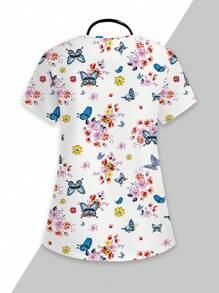 PopScrub Cute Cartoon Butterfly & Flower Printed /Nurse Scrub Uniform Top  Print V Neck Frosted Scrub Top, Casual Short Sleeve Work Wear, Women Sweetheart V-Neck Ruched Blouse, Women Short Sleeve V-Neck Nurse Uniform Shirt With 2 Pockets, Soft Stretchy Ruched Graphic Tee V-Neck Short Sleeve Blouse For Lady Wear Women's V-Neck Short Sleeve Double Pocket Cute Cartoon Animal Pink Heart Rabbit Print Simple Nurse Uniform Set/Doctor Work Uniform Set/ Examination & Surgery Uniform Set/Solid Color Pet Grooming Work Uniform Set/Nutritionist Work Uniform Short Sleeve Set/Functional Multi-Pocket Lab Work Uniform Top