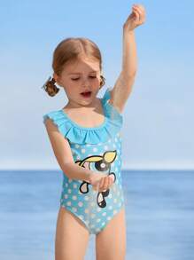 THE POWERPUFF GIRLS X SHEIN 年轻女孩可爱卡通甜美休闲蓝色波尔卡圆点和金凤花印花荷叶边连体泳衣 - 藍色 - 查看 4