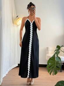 Gloray Women's Wavy Strap Halter Long Dress, Elegant Summer Dress Fall Cloth For Women - Black - View 5