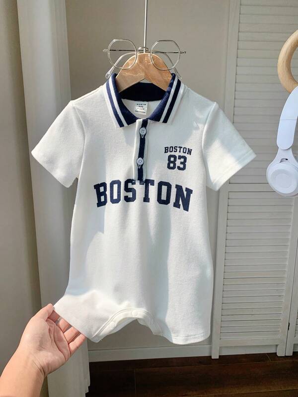 SHEIN Newborn Baby Boy Cute Summer Casual Knit Letter Pattern Color Block Romper, Suitable For Birthday Party, Evening Event, Performance, Wedding, Baby Shower, Wedding Guest, Pageboy, Ring Boy, Flower Girl