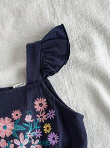 SHEIN 女婴夏季休闲连体衣，正面有刺绣 - 寶藍色 - 查看 3