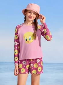 LOONEY TUNES X SHEIN Tween Girl Cartoon Print Rash Guard Top With Shorts Two-Piece Swimwear Set - Multicolor - View 4