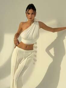 Aloruh Women's Solid Color 3D Floral Decor Sleeveless Pleated Blouse - White - View 5