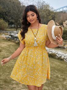 SHEIN LUNE Vestido casual versátil con estampado floral diminuto talla grande, atuendo para concierto country, atuendo de graduación, atuendos de verano para mujeres, atuendos para brunch, atuendos de verano para mujeres, atuendos para brunch para mujeres, atuendos para el Día de la Madre, atuendos para la iglesia para mujeres, vestido amarillo mantequilla - Amarillo - Ver 4