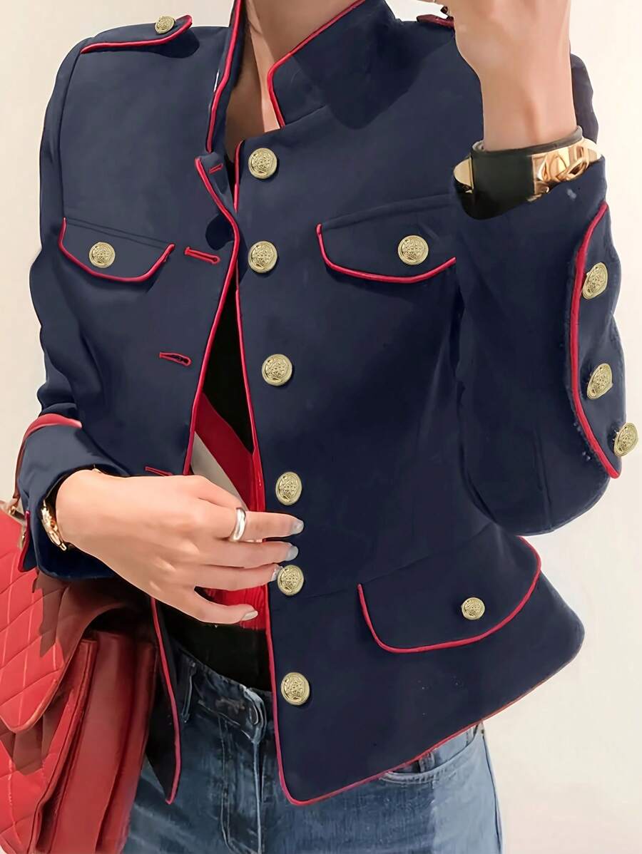 INAWLY Plus Size Women Contrast Color Long Sleeve Jacket, Spring/Autumn Fall Winter Cloth For Women - Navy Blue - View 1