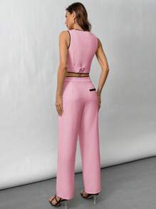 Aveloria Modichic 2pcs Office Lady Elegant Matching Contrast Trim Overlap Button Vest And Contrast Trim Pants Suit 