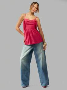 MISSGUIDED Elegant Peplum Camisole Top With Sweetheart Neckline Spaghetti Straps Summer Party Evening Wear Empire Waist Design With Ruffle Detail - Blue - View 4