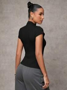 SHEIN BAE Women's Fall Women Solid Color Mock Neck Top Capped Sleeve Single-Breasted Casual Women Top, Button Up Women Jersey Top - Black - View 2