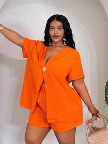 Slaydiva Conjunto de 2 piezas de mujer talla grande con camiseta suelta naranja brillante y shorts, adecuado para vacaciones en la playa