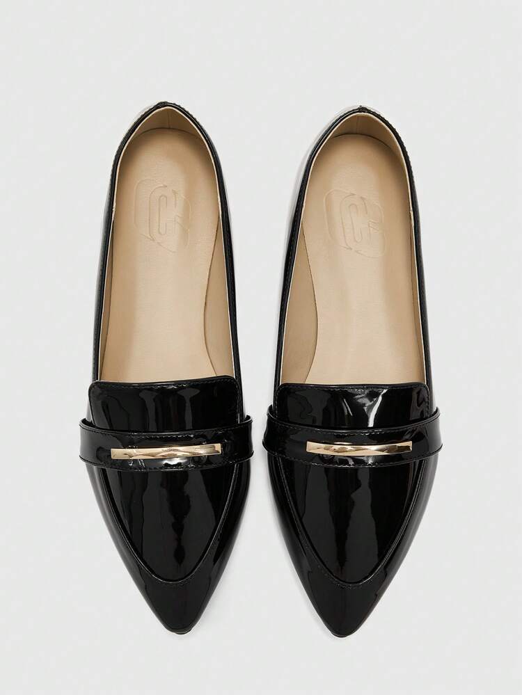 CUCCOO BIZCHIC Women's Fashion Black Glossy Patent PU Strap Buckle Decor Flat Loafer Shoes, Suitable For Commuting, Dating, Party, Shopping, And School Occasions For Christmas Spring Shoes