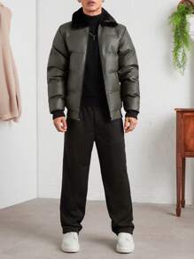 RueChic 男式休闲撞色仿毛领夹棉大衣，冬季