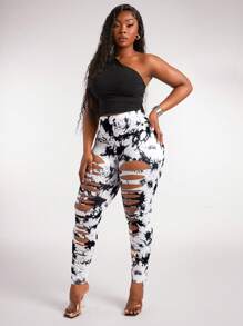 SHEIN SXY Plus Size Women's Fashion Street Style Sexy Ripped Tie-Dye Print Tight Leggings, Suitable For Sports, Yoga, Everyday Wear, Western Wear, Cruise Attire, Music Festival, Concert, Carnival Party, Beach Vacation, Date Night, Birthday, Bachelorette Party, Club, Cute, Casual, Shopping, Streetwear, Going Out, Easy To Match & Looks Slim, Accentuates The Body, Flatters The Figure Camo Cow Print