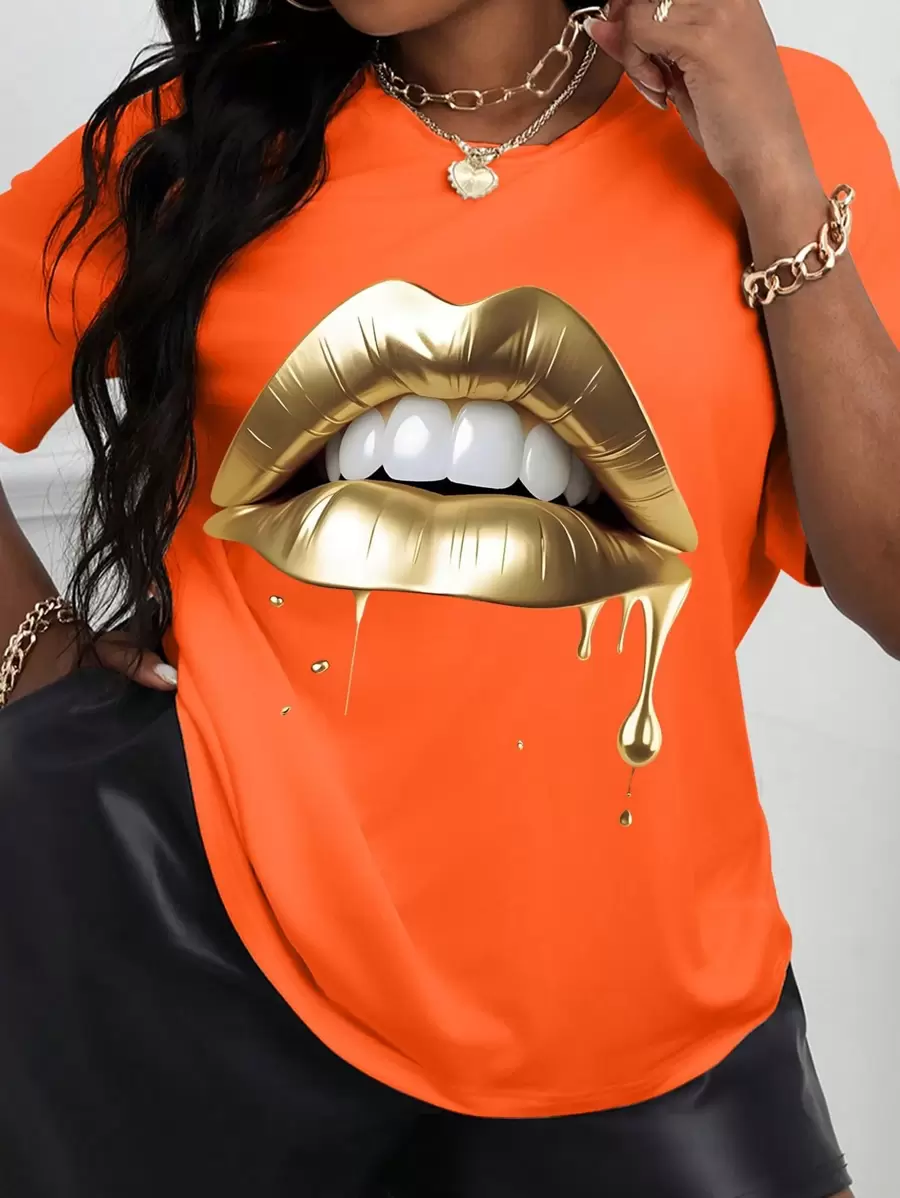 Maweii Golden Lip Pattern&Round Neck T-Shirt&Summer&Spring,Women's Clothing Graphic Tees Women Tops - Orange - View 1