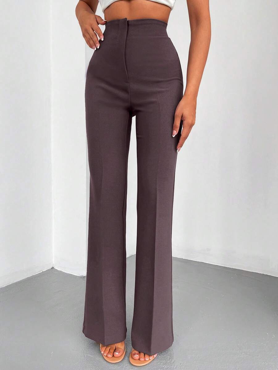 EURMUSE Solid Flare Leg Pants - Brown - View 1