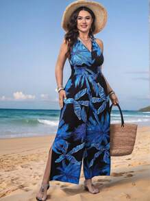 SHEIN Clasi Combinaison d'été en grande taille pour femmes avec imprimé colorblocking tissé. Idéale pour les vacances printanières et estivales. Robe fraîche offrant un soulagement du stress. Élégante robe de maison pour femmes. Tenues d'été pour la Saint-Patrick, les festivals et les vacances de printemps. Style bohémien. - Bleu azur - Voir 1