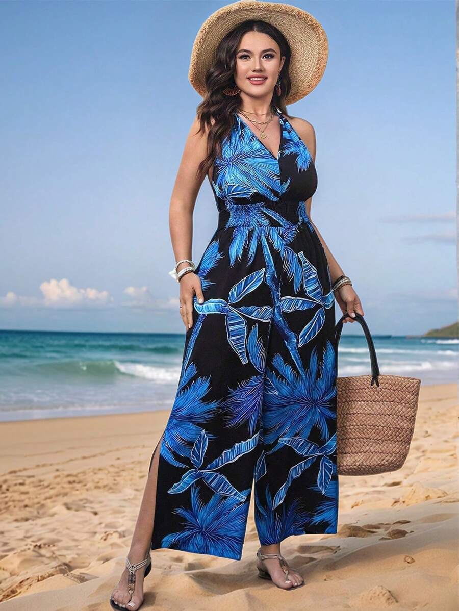 SHEIN Clasi Combinaison d'été en grande taille pour femmes avec imprimé colorblocking tissé. Idéale pour les vacances printanières et estivales. Robe fraîche offrant un soulagement du stress. Élégante robe de maison pour femmes. Tenues d'été pour la Saint-Patrick, les festivals et les vacances de printemps. Style bohémien. - Bleu azur - Voir 1