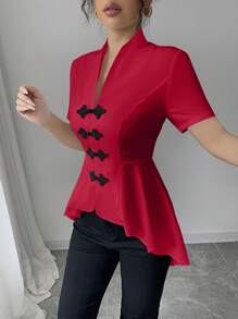 Elenzga 女士泳衣，正面采用纽扣设计且下摆不对称，休闲衬衫款式 - 紅色 - 查看 7