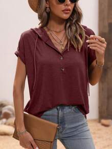 SHEIN LUNE Women Solid Color Batwing Short Sleeve Casual Loose Hoodie T-Shirt