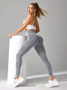 Easithlete 时尚高腰无缝水洗运动紧身裤瑜伽女裤 - 淺灰色 - 查看 5