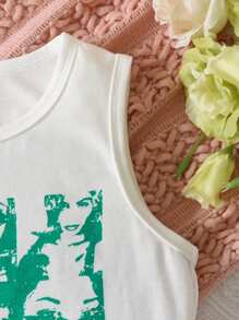 Conjunto de top sin mangas con estampado de silueta y falda plisada brillante para niña preadolescente - Verde - Ver 3
