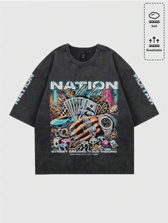 T-shirt à manches courtes décontracté à imprimé délavé pour hommes