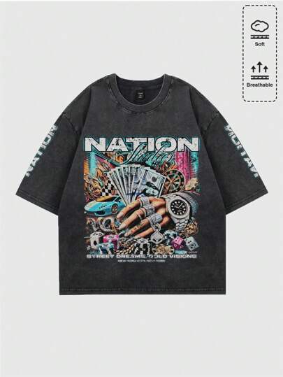 Camiseta de manga corta con estampado desvanecido y corte relajado para hombre