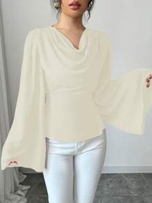 Chiquease Elegancka damska bluzka z długimi rękawami i rozkloszowanymi mankietami i kokardą