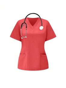 SHEIN TaskFit 女式纯色V领短袖双口袋上衣和裤子制服套装 - 珊瑚橙 - 查看 4