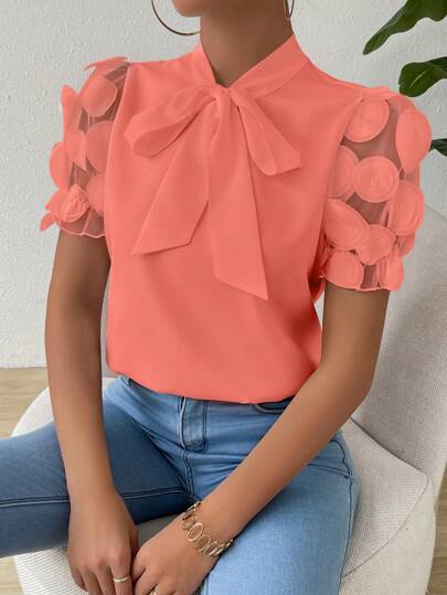 SHEIN Clasi Women's Elegant Solid Color Applique Mesh Patchwork Short Sleeve Tie Collar Blouse