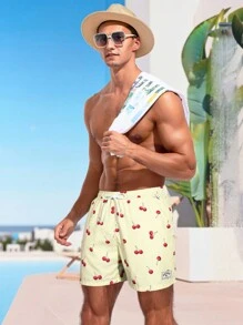 Surfspeed 男式抽绳腰樱桃条纹印花口袋沙滩短裤 - 米色 - 查看 5