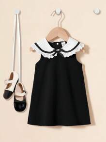 Rochie gri, drăguță, minimalistă, elegantă, cu broderie, fără mâneci, cu guler cu volane, potrivită pentru ținute casual zilnice, întâlniri, ieșiri și vacanțe de vară - Negru - Vizualizare 3