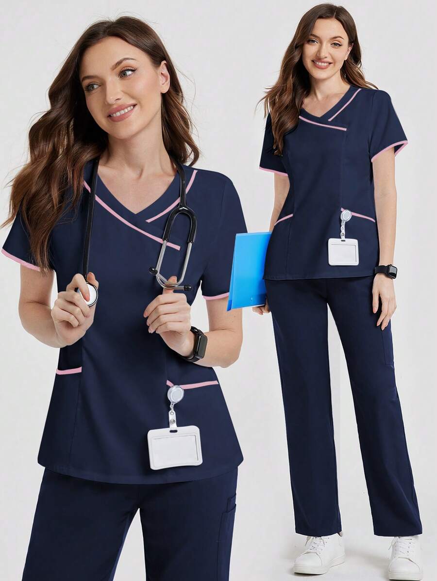 SHEIN TaskFit V 领口袋短袖手术服制服上衣