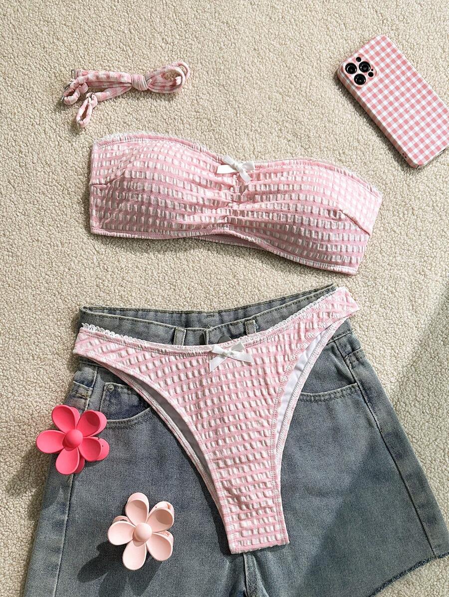 SHEIN Swim 2pcs Pink And White Grid Pattern Special Fabric Strapless Bikini With Bow And Lace Trim Set, Women Swimwear For Spring For Summer Beach Vacation - Pink - View 1