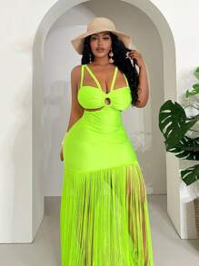Slaydiva Plus Size Women Hollow Out Tassel Trim Dress, Vacation Style - Green - View 5