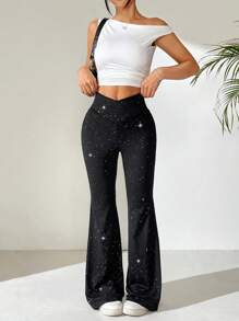 SHEIN EZwear 时尚交叉腰亮面喇叭裤 - 黑色 - 查看 4