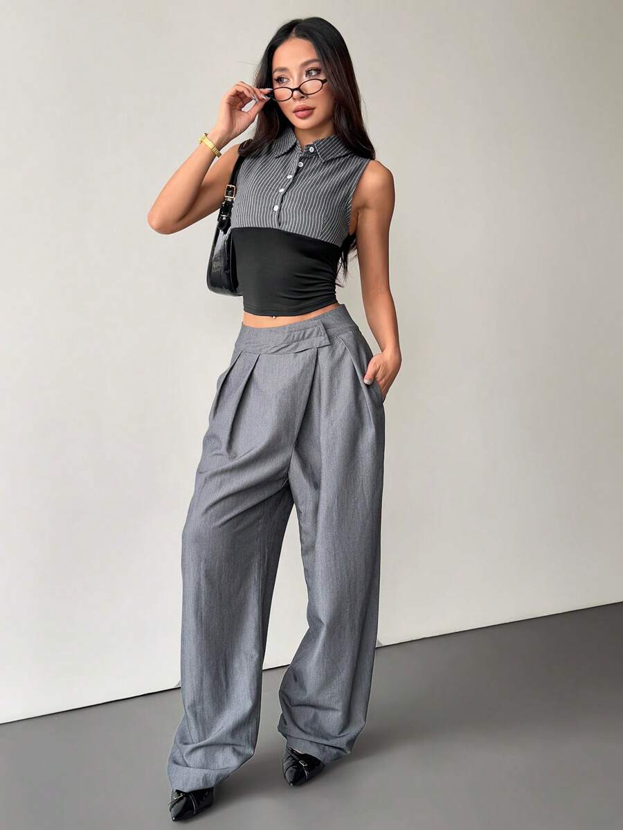 SHEIN Essnce Áo sơ mi kẻ sọc cổ bẻ cài nút phía trước cho nữ - Nhiều màu - Xem 1