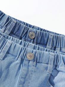 2pcs/Set Young Girls Casual Urban Street Style Elastic Denim Shorts, All-Match Versatile, Elastic Waist, Ripped Hem - Multicolor - View 4