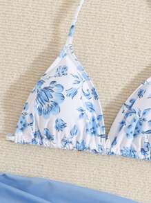 SHEIN Girls' Cute Printed Triangle Top And Skirt Bikini Set (Ditsy Floral Random) - Blue - View 3