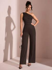 SHEIN BAE 夏日海滩度假优雅纯黑色不对称领露肩单肩连体裤，适合日常约会、夜间外出、夜总会、派对、聚会、鸡尾酒会、泳池派对、办公室穿着、通勤连体裤、度假连体裤 - 咖啡棕 - 查看 7