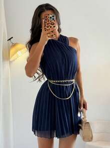 Calvaya Vestido elegante de unicolor con pliegues y cuello de halter para verano