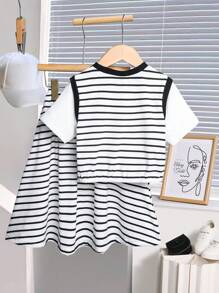 SHEIN Genkimix 2pcs/Set Young Girls Creative Letter Embroidery Color Block 2 In 1 Short Sleeve T-Shirt + Casual Black & White Striped Skirt Outfit, Summer - Black and White - View 2