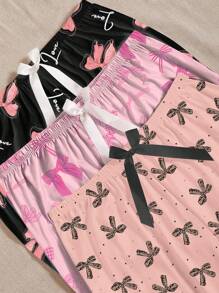 SHEIN 3pcs Set Women Bow Print Lounge Pants, Fall Winter Clothes
